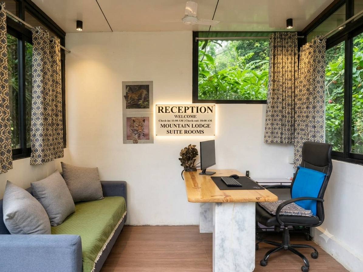 Mountain Lodge reception with desk and seating